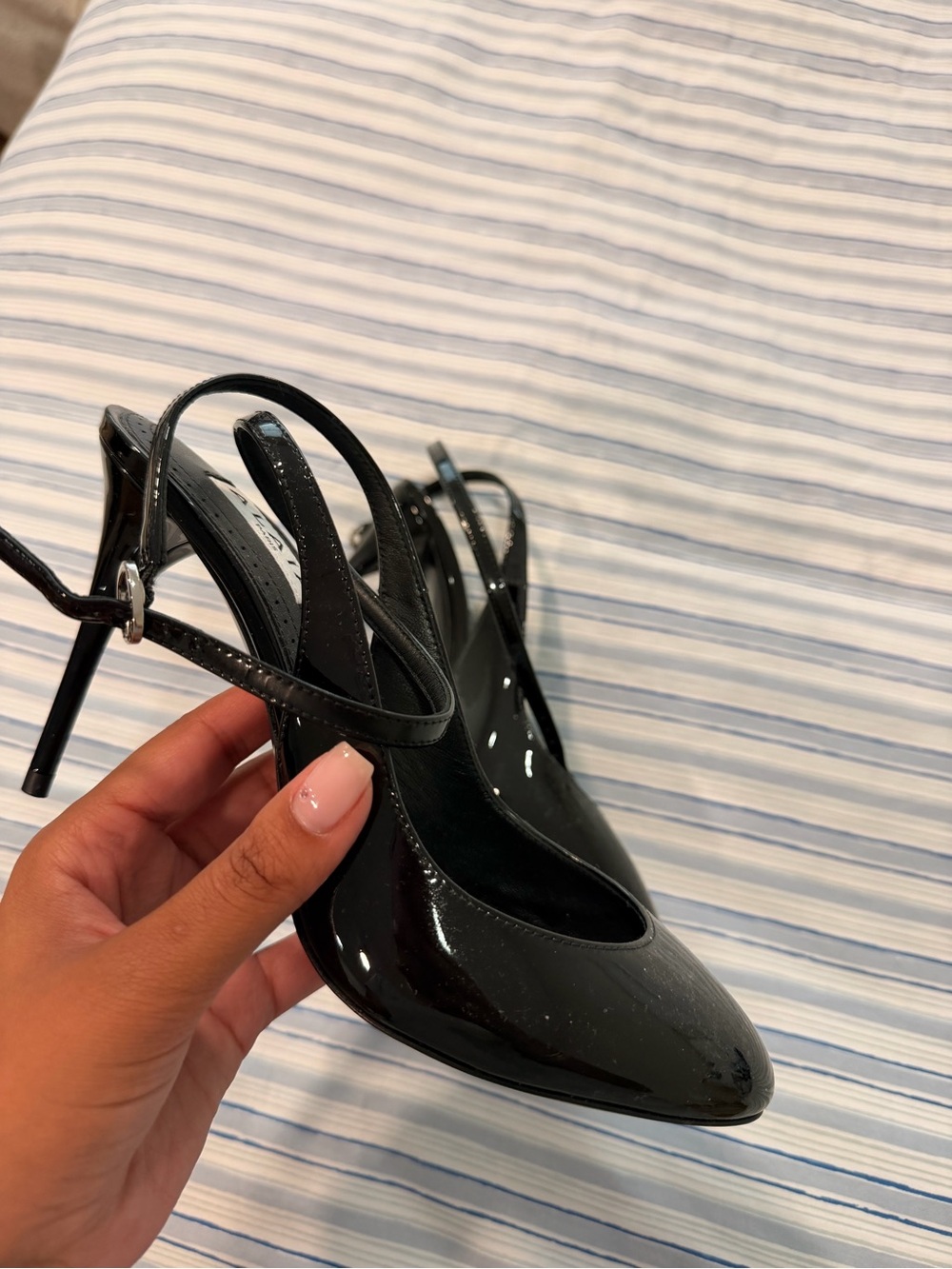 Alaia Black Patent Slingback Pointed Heels with Ankle Strap